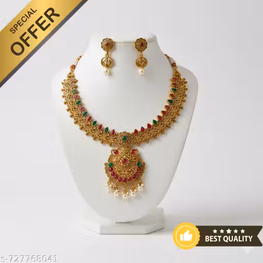 Antique Gold Plated Necklace Set | Temple Jewelry Design | Traditional Gold Plated Kundan Necklace Set with Earrings | Bridal Party Wear Jewelry Set with Earrings | Traditional Indian Jewelry | Rani Set