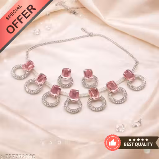 Pink Crystal Statement Necklace Set | Silver Plated AD Stone Jewelry | Party Wear Necklace with Earrings | Crystal Circle Drop Necklace | Wedding Cocktail Jewelry for Women
