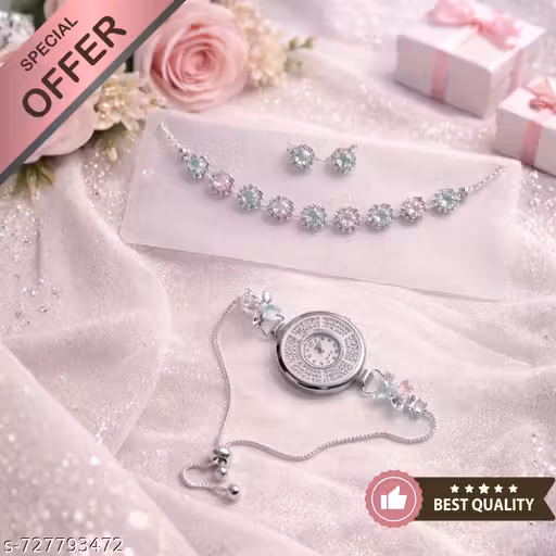 3 in 1 Combo - Crystal Bracelet Watch + Necklace Set + Earrings | Silver Plated Jewelry Combo for Women | Pastel Stone Fashion Jewelry | Valentine's Day Gift Set | Premium Quality Combo Offer