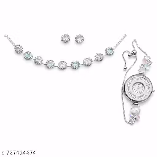 Stylish Silver Plated Pastel Stone Necklace Set with Stud Earrings & Bracelet Watch for Women & Girls