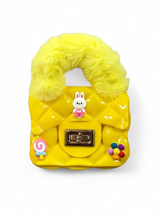 Girls Hand-held Bag, Quilted Kids Sling Bag with Fur Handle and Charms
