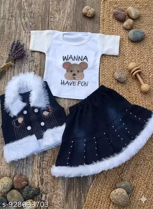 LITTLE MUFF'S Baby Girls Winter Party Dress Set | Teddy Print Top with Faux Fur Jacket & Flare Skirt | 3 Piece Stylish Outfit Set