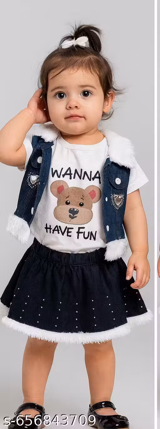LITTLE MUFF'S Baby Girls Winter Party Dress Set | Teddy Print Top with Faux Fur Jacket & Flare Skirt | 3 Piece Stylish Outfit Set