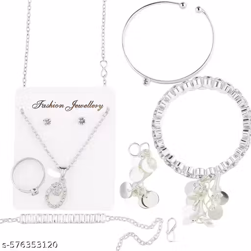 Women Stylish silver plated zricon jewel set With earrings bracelets and ring set of 6 items