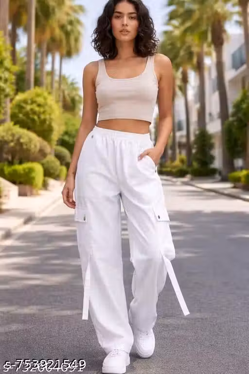 Women's White Cargo Pants | High Waist Wide Leg Utility Trousers with Pockets for Casual & Streetwear