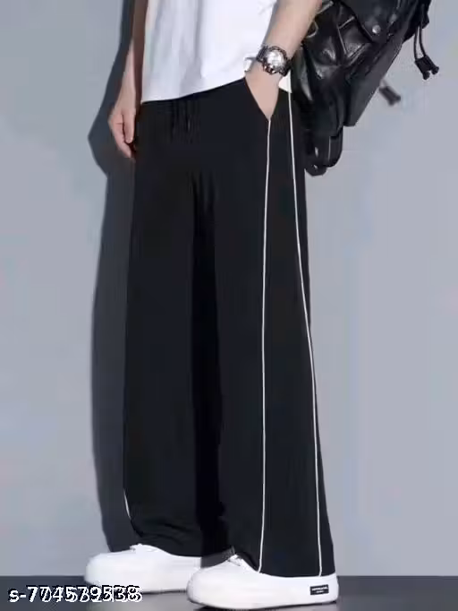 Women's Black Wide Leg Track Pants | High Waist Casual Sports Trousers with Side Stripe