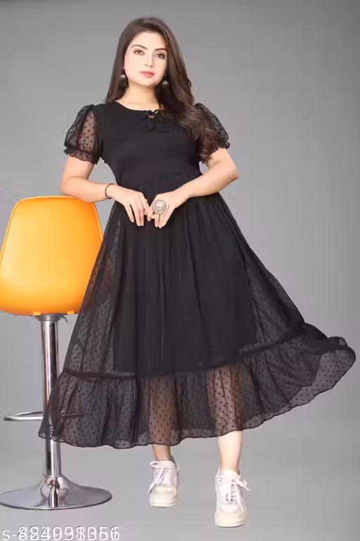Women's Black Puff Sleeve Maxi Dress | Elegant A-Line Casual Party & Evening Long Dress