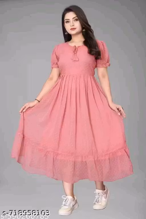 Women's Pink Puff Sleeve Maxi Dress | Elegant A-Line Casual Party & Summer Long Dress