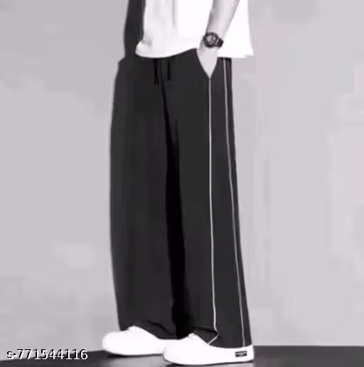 Men's Grey Wide-Leg Loose Fit Trousers – Premium Side Stripe Casual Wear
