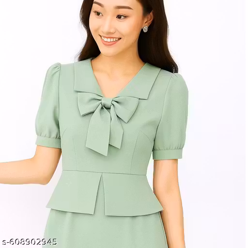 trendy bow detailed pista green mizo top for women