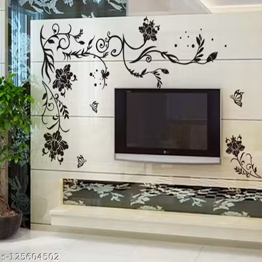 for Living Room Black Large Size Floral Vine Butterflies Corner Sofa TV BackgrounDD DDecal