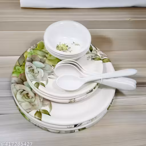 Upgrade Your Dining with our Inpro 16-Piece Melamine Dinner Set Contains 4 Full Plates, 4 Half Plates, 4 Bowls and 4 Spoons- Perfect Kitchen Utensils Set for Family Meals!