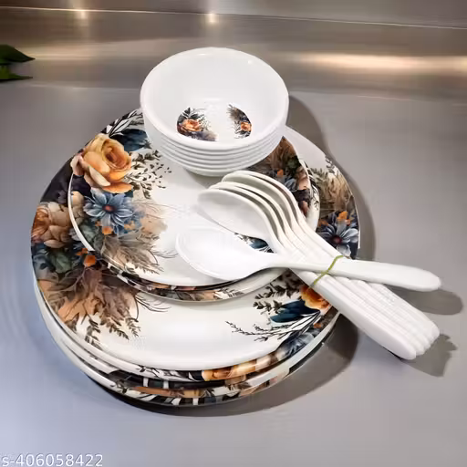 Upgrade Your Dinning with our Inpro 24-Piece Melamine Dinner Set includes 6 Full Plates, 6 Half Plate, 6 Bowls, 6 Spoons- Perfect Kitchen Utensils Set for Family Meals!