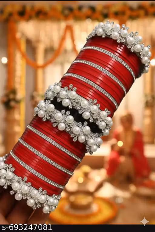 SHRI BANKEY Plastic Red Pearls Chooda Set For Women And Girls ( Pack OF Both Hand Chooda Set )