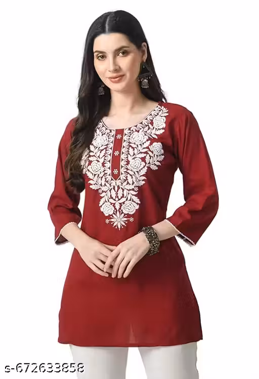 Womens Rayon Short Kurti Lucknowi Chikankari Embroidered Ethnic Casual Tunic Top Kurta