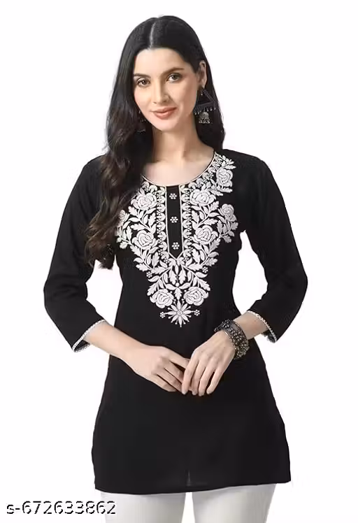Womens Rayon Short Kurti Lucknowi Chikankari Embroidered Ethnic Casual Tunic Top Kurta