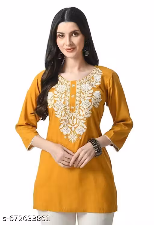 Womens Rayon Short Kurti Lucknowi Chikankari Embroidered Ethnic Casual Tunic Top Kurta