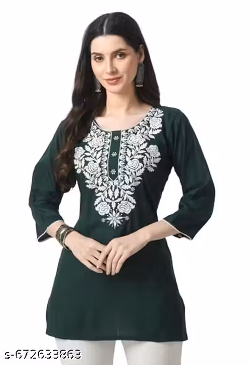 Womens Rayon Short Kurti Lucknowi Chikankari Embroidered Ethnic Casual Tunic Top Kurta