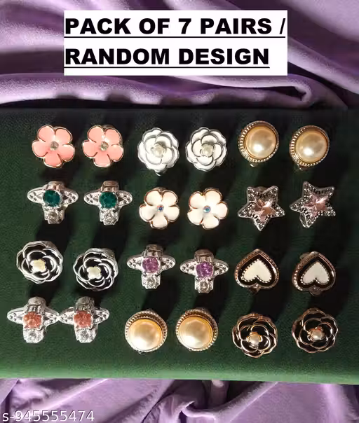 No Piercing Clip-On Stud Earrings Set, Multicolor, 7 Pairs with Storage Case, Random Designs (PACK OF 7 PAIRS)