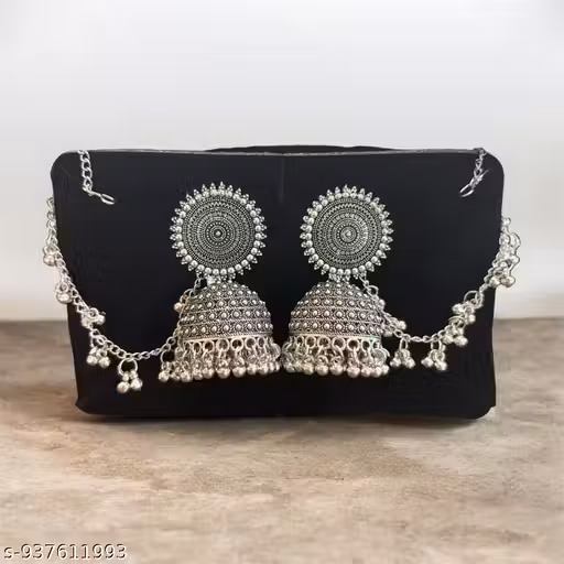 Special Oxidized Silver Jhumka Earrings with Hair Chain | Traditional Garba Earrings for Women & Girls