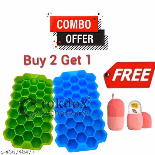 Combo Offer Silicone Flexible Honeycomb 37 Cavity Ice Cube Tray 2 for Freezer and Ice Roller(Pink 1) for All Type of Skin Massage