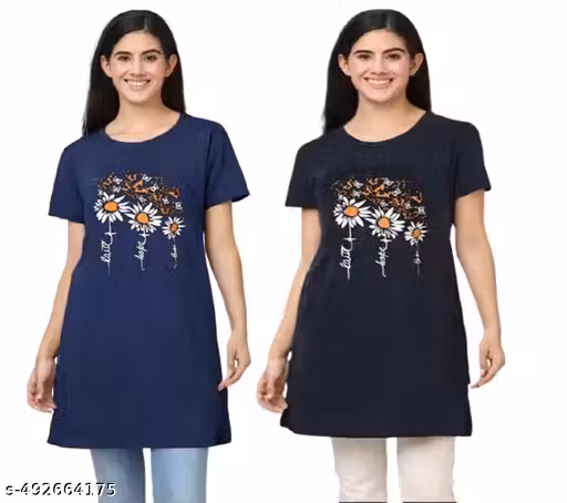 Stylish Women-Long Tshirt Round Neck-Navy Blue+Black(Pack of 2)