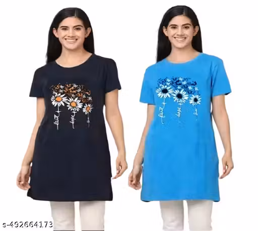 Women Black&Blue Floral Printed Long T-Shirt Dress