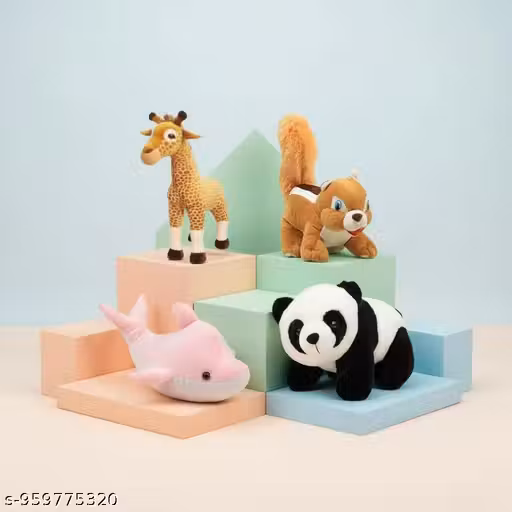 Pack of 4 Panda, Squirrel, Griffe & Pink Dolphine. Best Soft Combo Toys Toy for Cute Kids Baby Boys/Girls Animal Stuffed Plush Toy Teddy Bear for Kids.