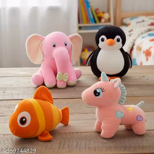 Combo of 4 Appu, Fish, Unicorn & Black Penguien Supper Soft Toy Teddy Bear for Kids Gift Animal Stuff Toys.