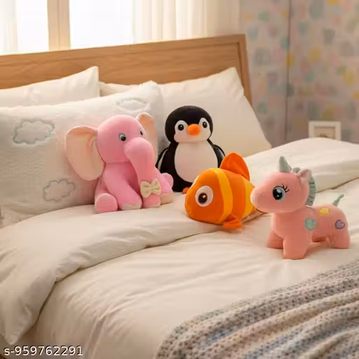 Combo of 4 Appu, Fish, Unicorn & Black Penguien Supper Soft Toy Teddy Bear for Kids Gift Animal Stuff Toys.