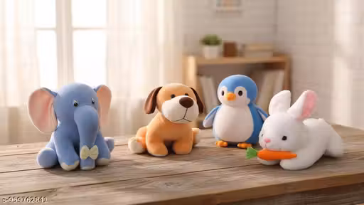 Pack of 4 Elegant Rabbit, Penguin, Dog & Blue Elephant Soft Toys for Baby Boys/Girls (30CM)