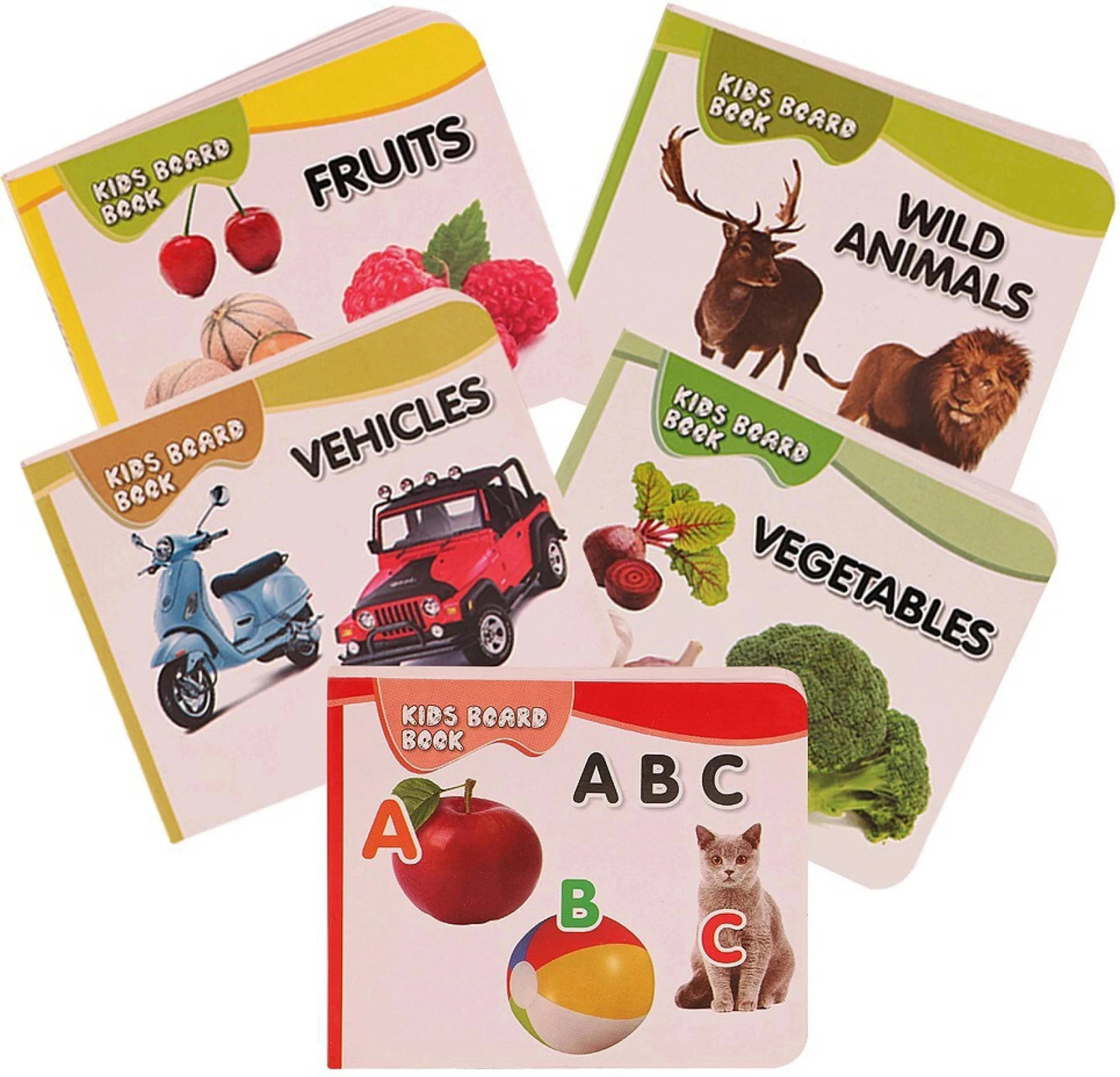 gurukanth Pocket Board Book Set of Alphabets, Fruits, Vegetable, Animals, Vehicles (Multicolor)