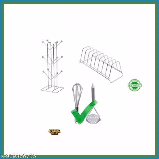 RV. Stainless Steel Kitchen Organizer Set – CUP Stand, Plate Rack, Whisk & Potato Masher Combo | Rust-Resistant Space-Saving Kitchen Storage Set PACK OF 4