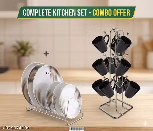 RV. Steel Square Plate Rack for Kitchen with Cup Stand, Thali Rack, Dish Rack, Thali Stand for Kitchen, Dish Stand with Lid Holder for Kitchen, 9 Plate Stand (Pack of 2) Cup plate combo stand steelless steel stand for kitchen storage tainless