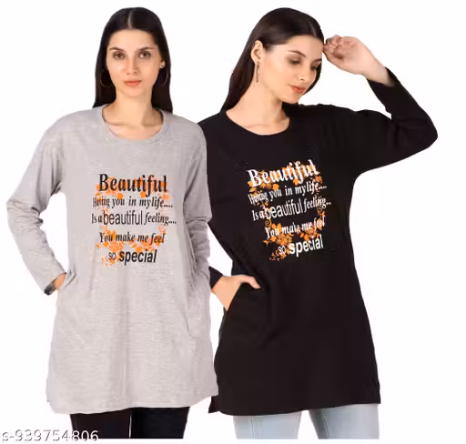 Women Cotton Pocket Long Combo T-shirt