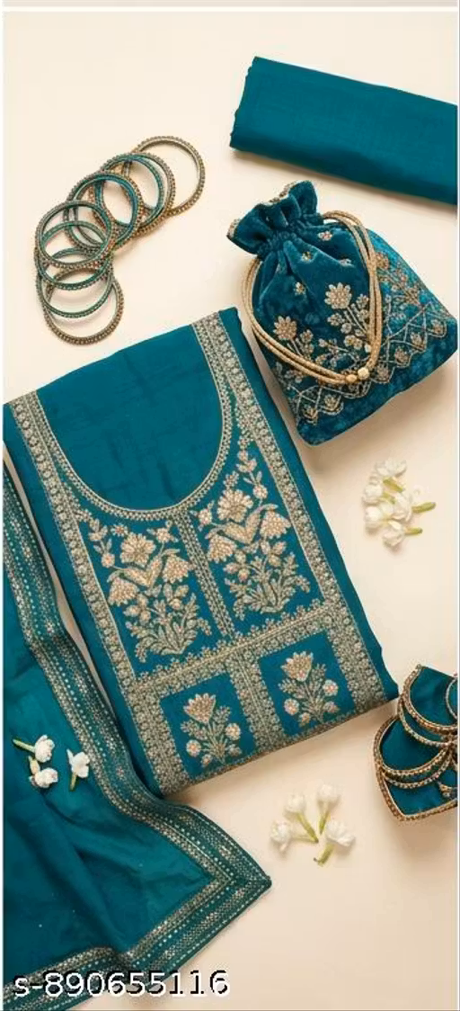Women Embroidered Suit Set | Unstitched Kurta Bottom Dupatta | Heavy Neck Work Designer Dress Material for Party & Festive Wear