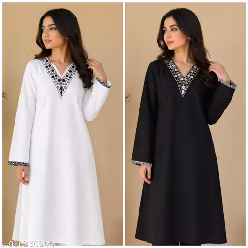 Trendy Cotton Kurti V Neck Combo White & Black Embroidery work V Neck Design 2 pies Combo Summer Collection