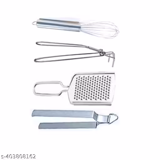 Stainless Steel Pakkad / Utility Tong & Cheese Grater / Coconut Grater & Egg Whisk / Egg Beater & Roti Chimta / Utility Tong for Kitchen Silver (Pack of 4)