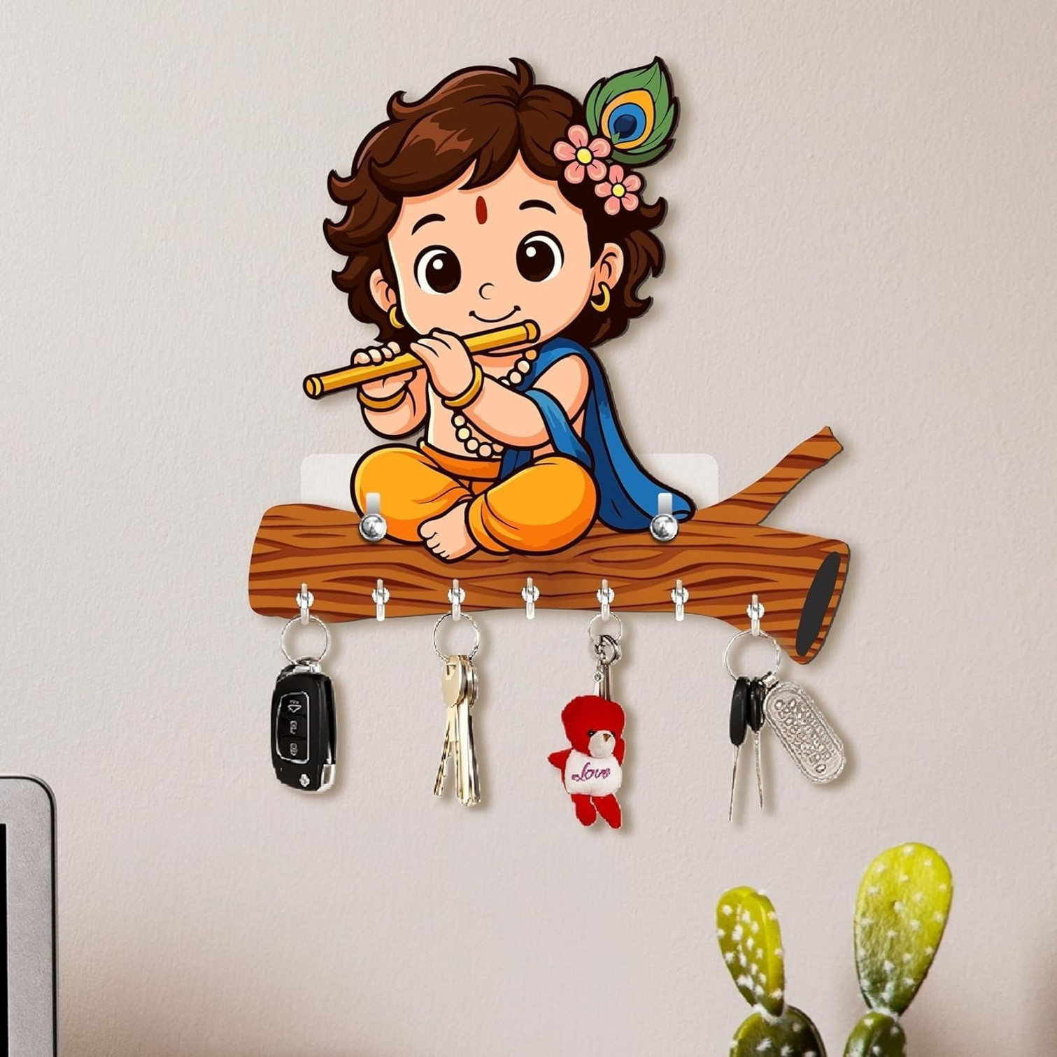 CAPIO ART Designer Printed Krishna Shape Home Decor/Wall decor/key hanger/key organiser Wood Key Holder (7 Hooks, Multicolor)