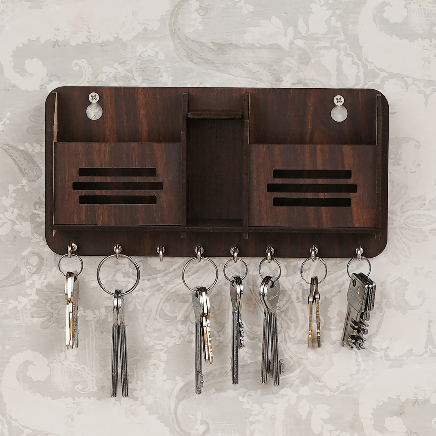 CAPIO ART Yoga Mudra with Mobile Stand Wood Key Holder (8 Hooks, Brown)