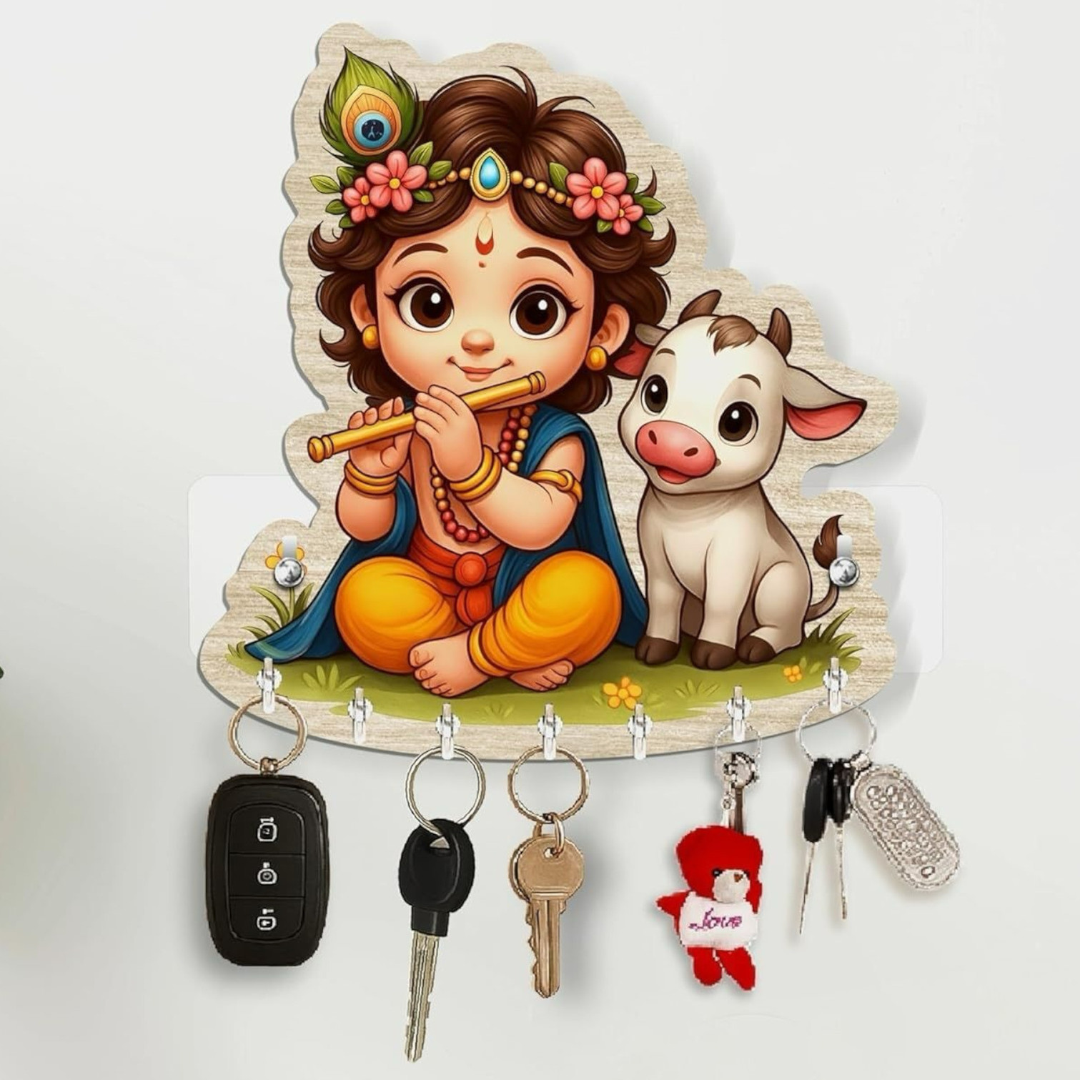 CAPIO ART Designer Printed Krishna Shape Home Decor/Wall decor/key hanger/key organiser Wood Key Holder (7 Hooks, Multicolor)