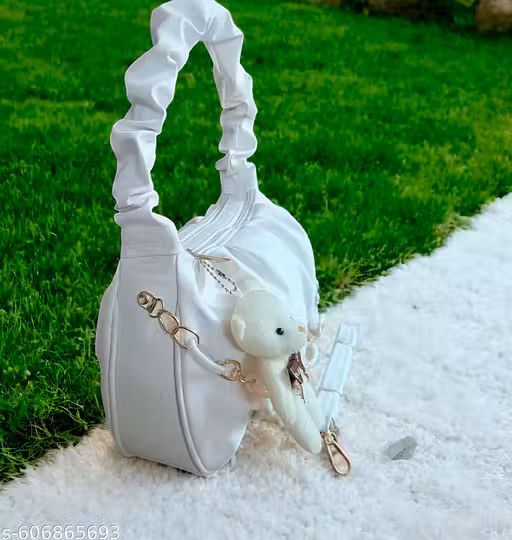Trendy White Shoulder Handbag with Teddy Keychain for Women & Girls