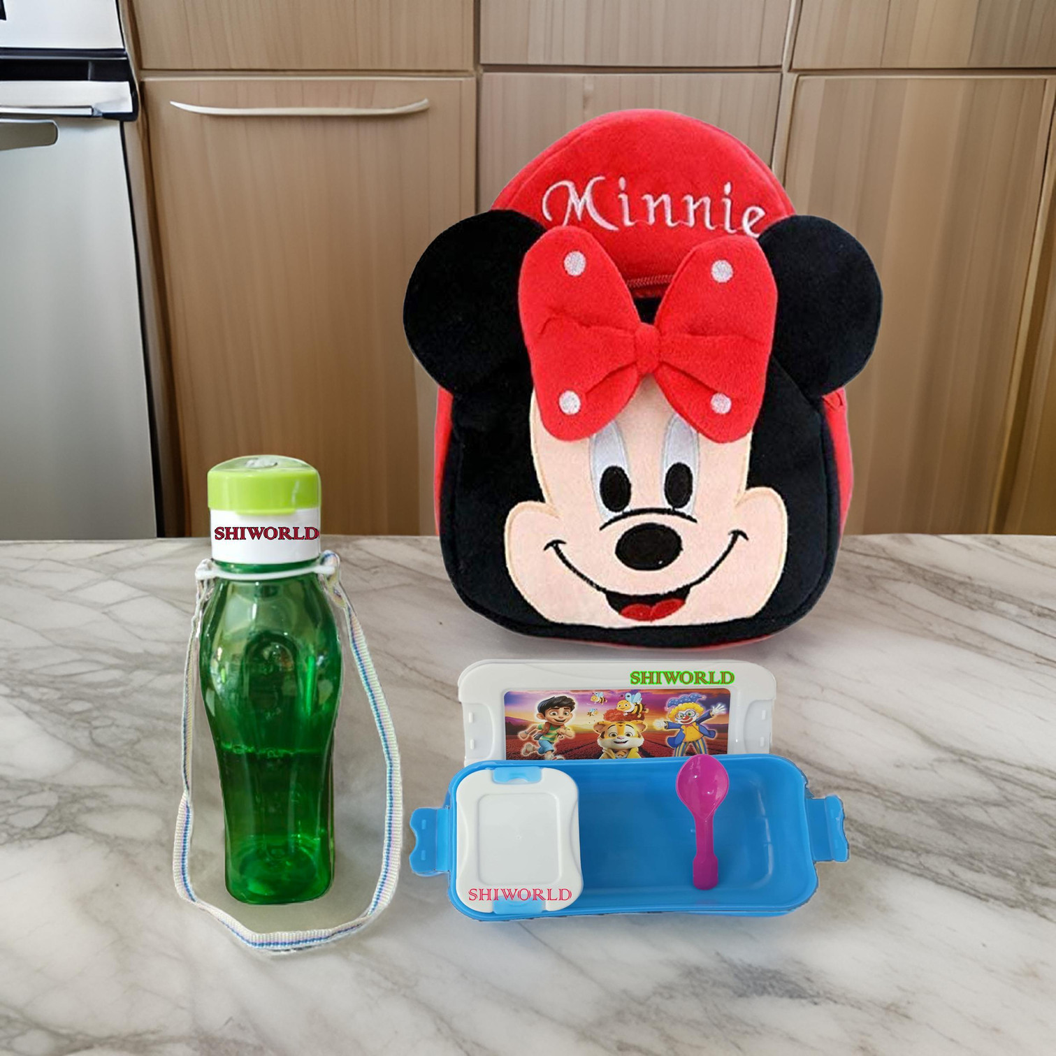 Avianna Red Minnie Kids School Bag WIth Free Water Bottle Lunch Box Design 67 Backpack (Multicolor, 15 L)