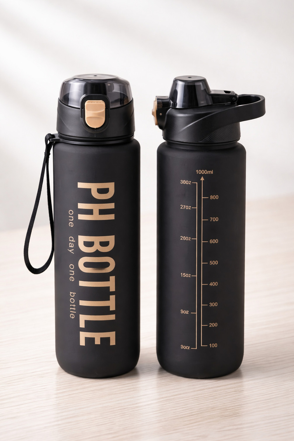 ApnaCart Premium Matte Black PH Water Bottle with Time Marker & Straw 1000 ml Plastic Sipper (Pack of 1, Black)