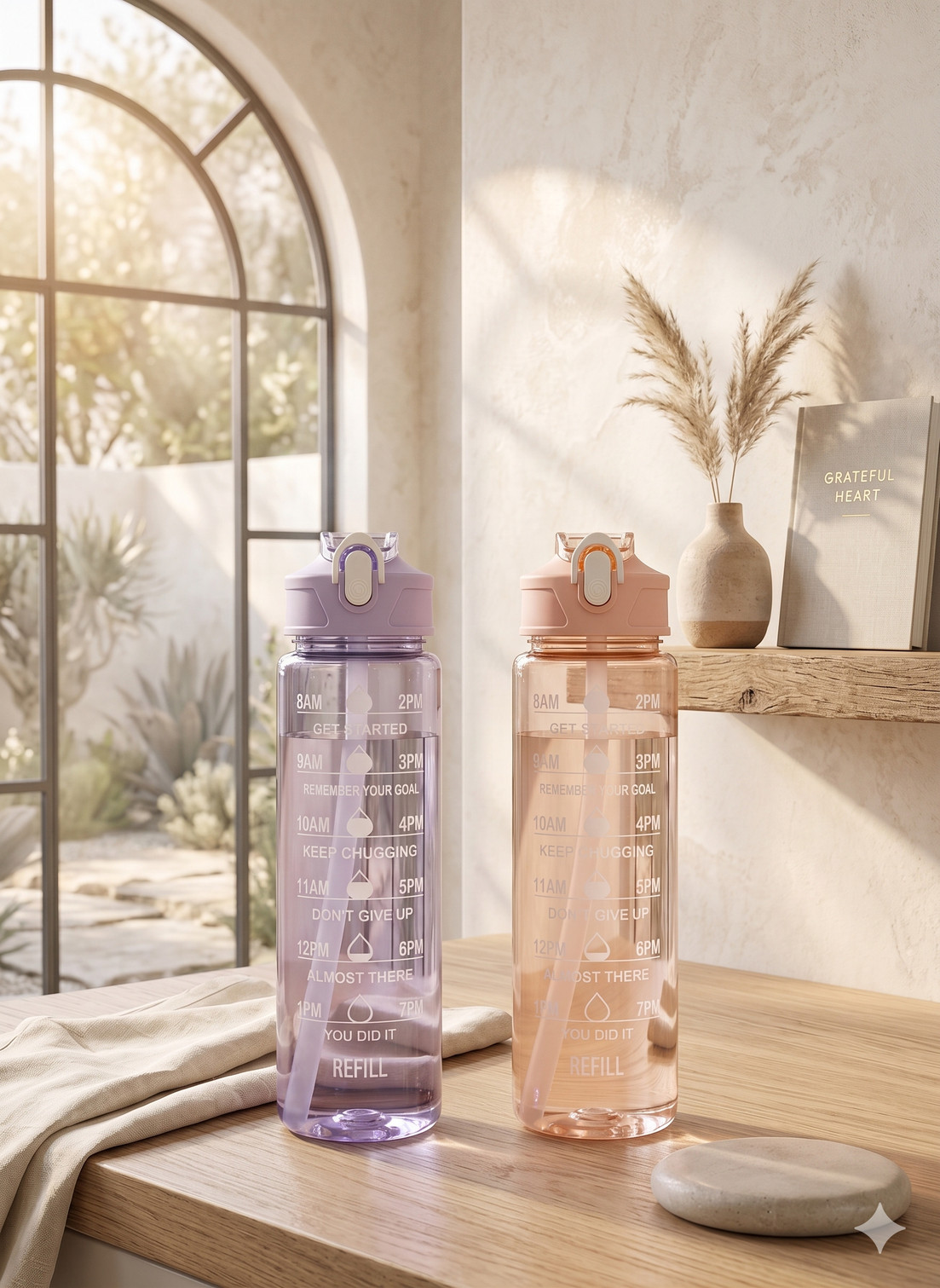 ApnaCart COMBO 1L Motivational Sports Water Bottle Duo 2000 ml Plastic Bottle (Pack of 2, Pink, Purple)