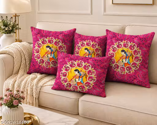 Jute Cushion Cover 16x16 Inch Set of 5 | Attractive & Shining Design | Back Side Zipper | Sofa Cushion Covers for Living Room