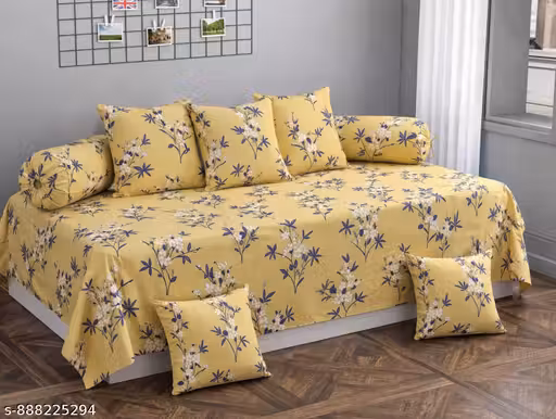 Heavy Stylish Print 8Pcs Diwan Set, 1 Bedsheet, 2 Bolster Cover and 5 Cushion Cover