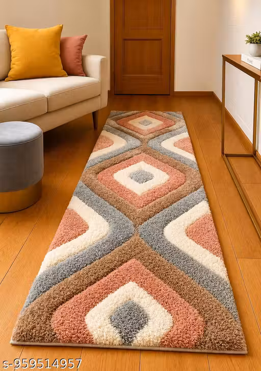 JKRS FRIENDDS Soft Shaggy Runner Rug 22x55 Inches | Geometric Diamond Pattern Floor Runner | Non-Slip Bedside, Hallway & Living Room Carpet