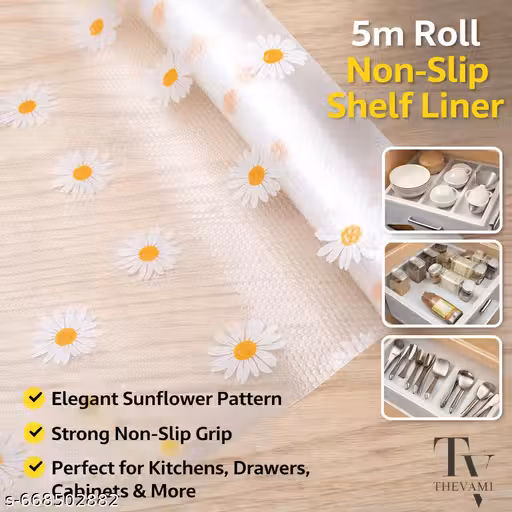 THEVAMI 5 Meter Non-Slip Shelf Liner Roll – Sunflower Pattern | EVA Multipurpose Drawer, Cabinet & Fridge Mat | Waterproof, Cut-to-Size, Transparent White