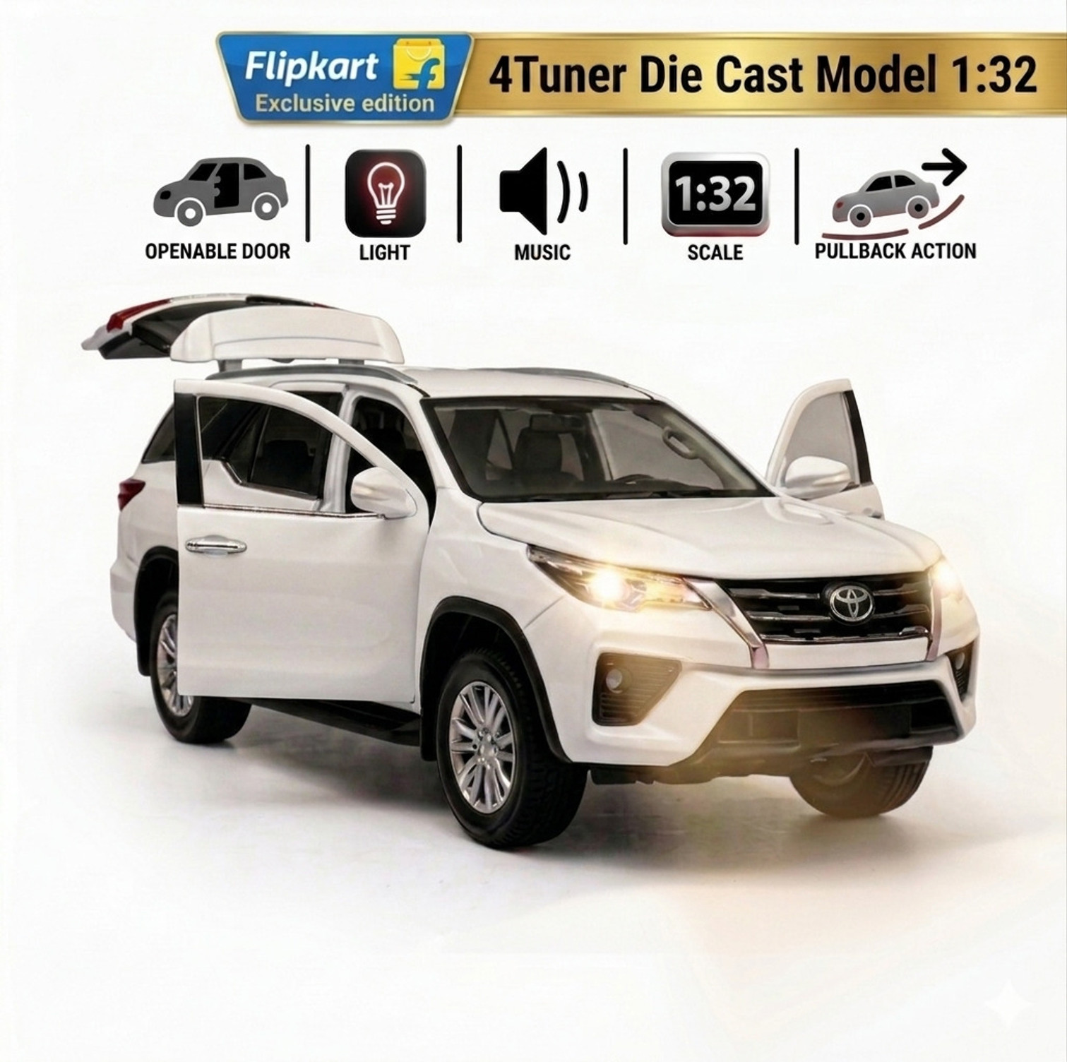 Ziggle Zone Die Cast 1 :32 Fortuner Toy Light music Pull Back +3 Extra Cell (White, Pack of: 1)